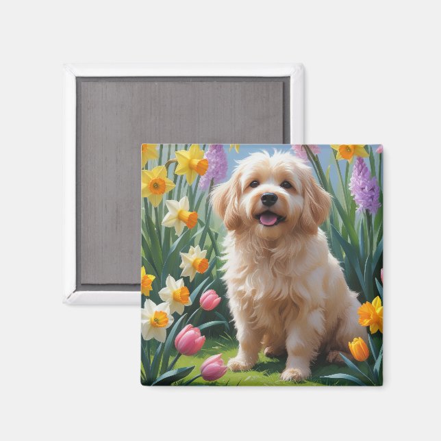 Aimant Peinture des fleurs de printemps de chien de Coton (Recto/Verso)