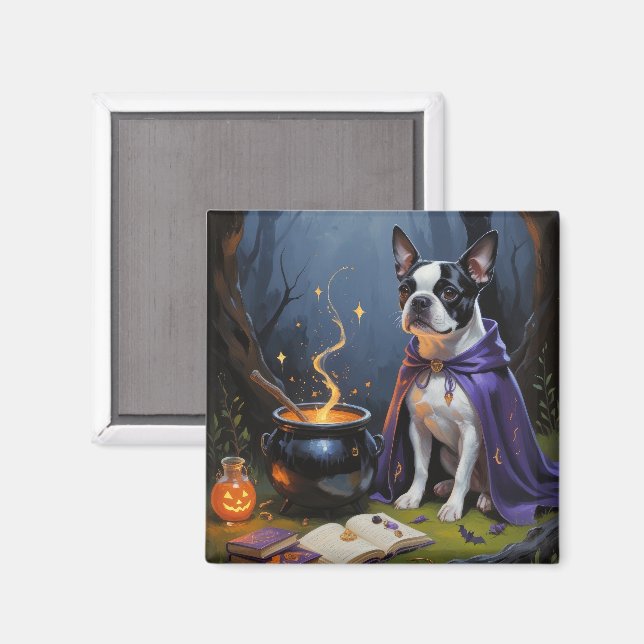 Aimant Peinture d'Halloween de Boston Terrier Chien blanc (Recto/Verso)