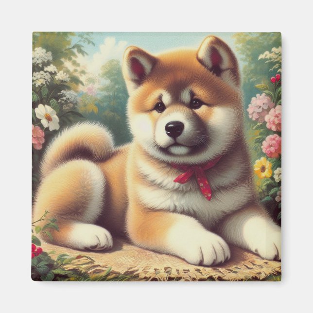 Aimant Peinture vintage à l'huile Akita (Devant)