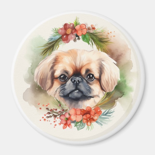 Aimant Pekingese Christmas Wreath Festive Pup (Devant)