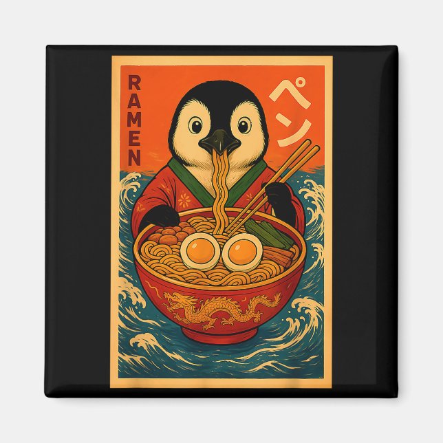 Aimant Penguin Eating Ramen Japanese Noodles Funny  (Devant)