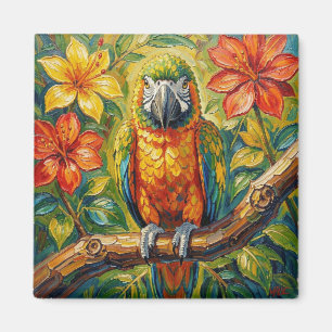 Aimant Perroquet et fleur tropicale colorés et impasto jo