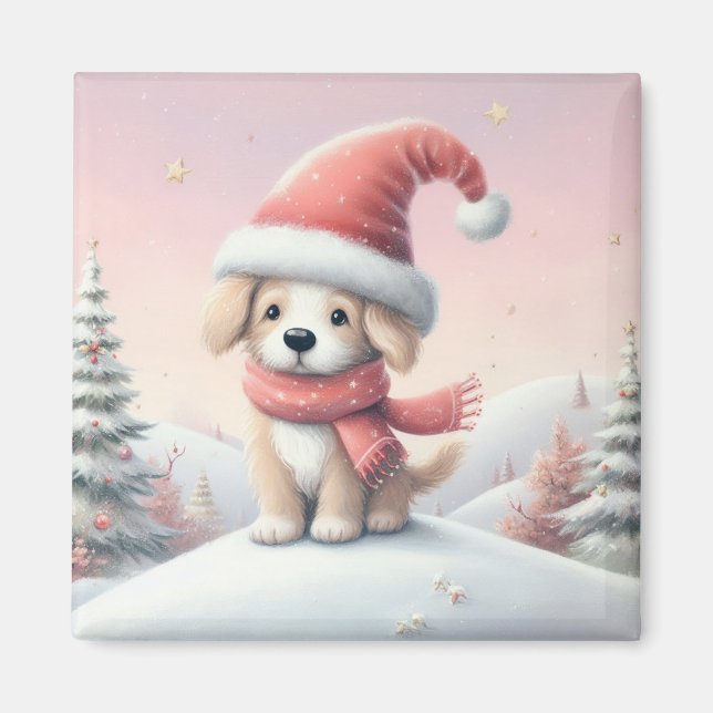 Aimant Petit chiot de Noël en chapeau santa (Devant)