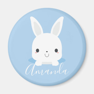 Aimant Petit lapin bleu mignon avec nom personnalisé
