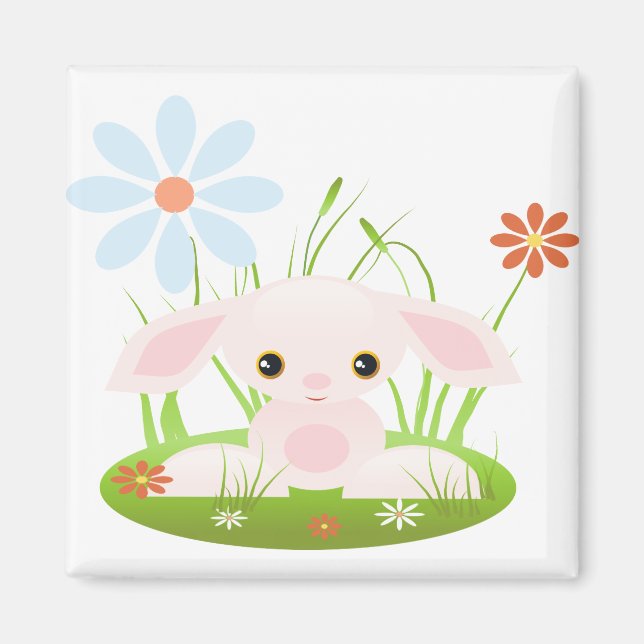 Aimant Petit Lapin Rose Bébé Avec Fleurs (Devant)