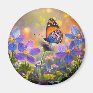 Aimant Petit papillon sur des fleurs sauvages au lever du