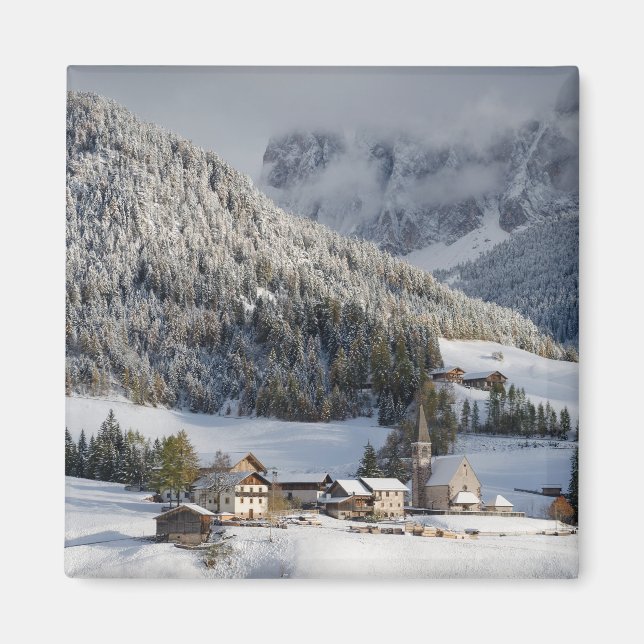 Aimant Petit village alpin dans l'aimant carré de neige (Devant)