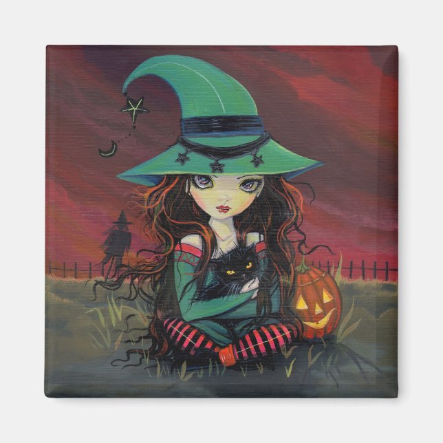 Aimant Petite sorcière et amant d'Halloween Chat Noir (Devant)