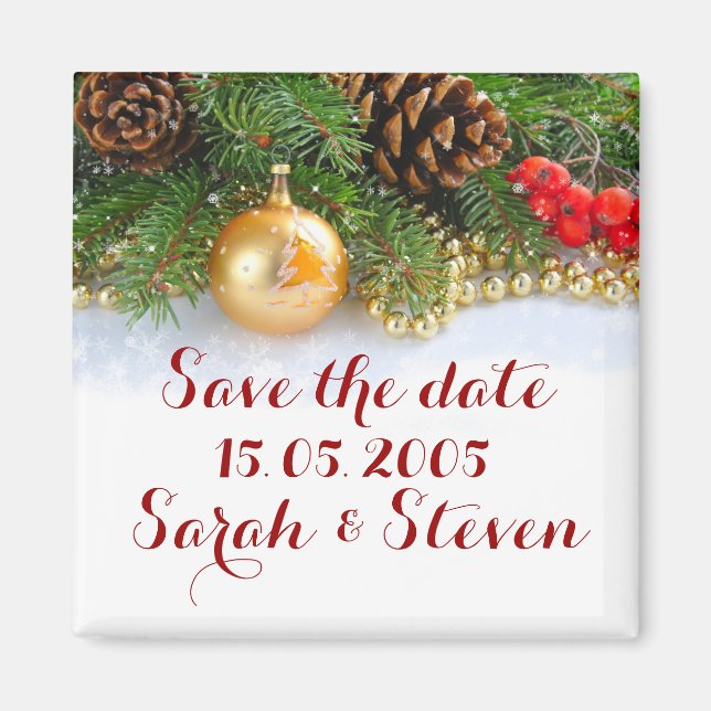 Aimant Petites boules de Noël Sauvez la date (Devant)