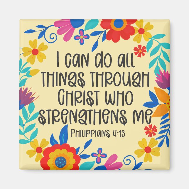 Aimant Philippiens 4:13 Bible Écriture Folk Art Floral (Devant)