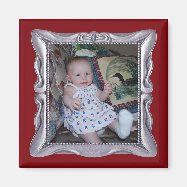 Aimant Photo bébé personnalisée en cadre argent fantaisie (Devant)