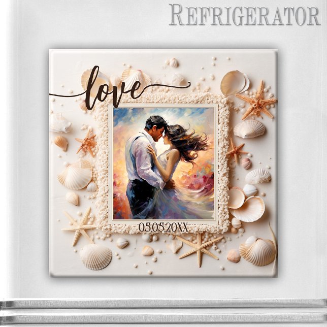 Aimant photo Coquillages de Peach Beach (Romantic photo magnet featuring your photo on a beach design with shells - wedding - save the date)