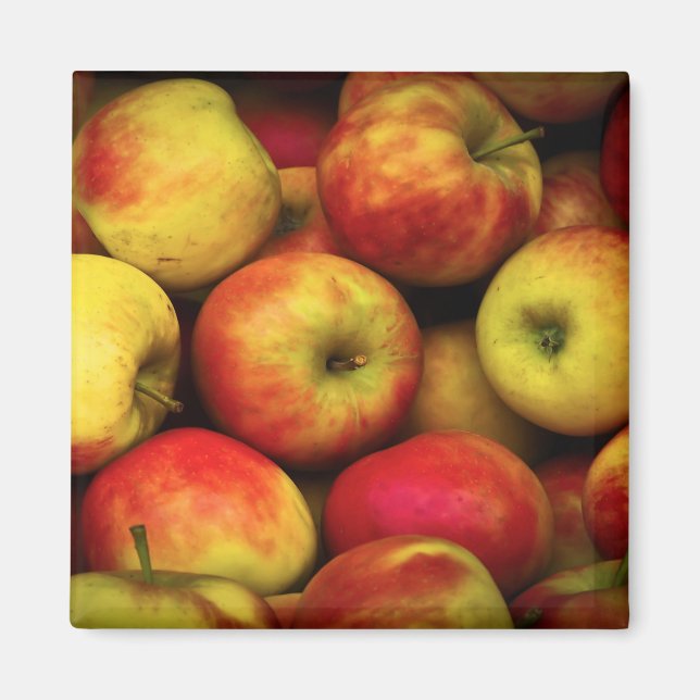 Aimant Photo d'un boisseau de pommes jaunes et rouges (Devant)