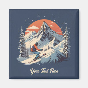 Aimant Pin de montagne vintage Ski orange coucher de sole