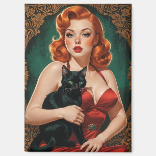 Aimant Pin-up à tête rouge et chat noir