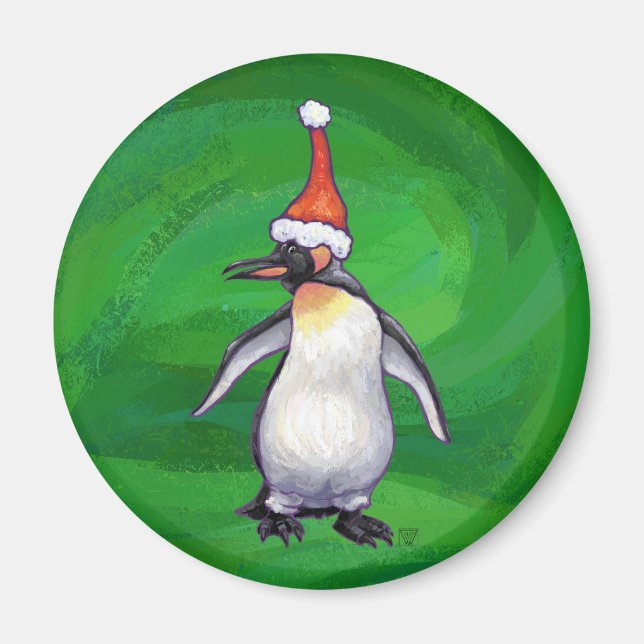 Aimant Pingouin mignon à Santa Hat sur Vert (Devant)