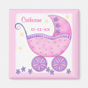 Aimant Pink Baby Buggy Nom du transport Date de naissance