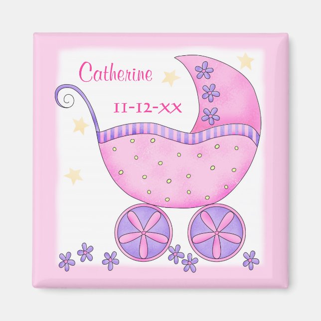 Aimant Pink Baby Buggy Nom du transport Date de naissance (Devant)