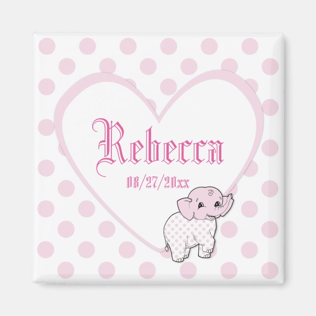 Aimant Pink Baby Girl Elephant Heart and Polka Dots (Devant)