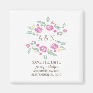 Aimant Pink Country Floral Monogramme Enregistrer la date