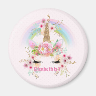Aimant Pink Gold UNICORN Fleurs arc-en-ciel Filles NOMMÉE