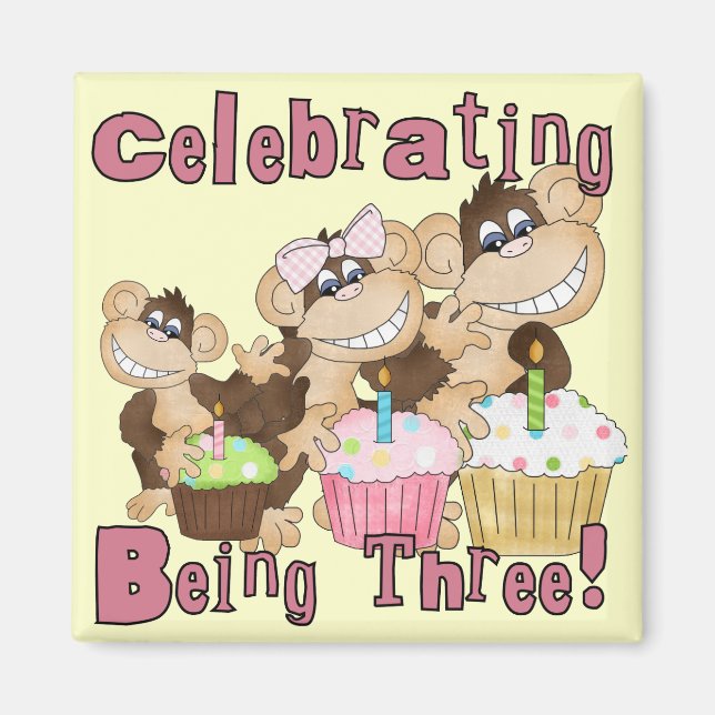Aimant Pink Party Monkey 3e Anniversaire Tshirts et cadea (Devant)