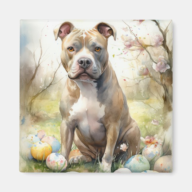 Aimant Pitbull Chien avec des oeufs de Pâques vacances (Devant)
