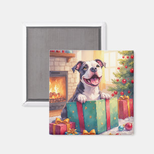 Aimant Pitbull joueur ouvrant des cadeaux de Noël pour le