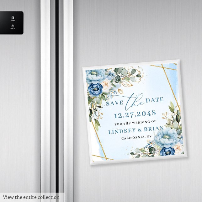 Aimant Pivoines Bleu Poussiéreux Floral Paillettes Dorées (Floral Dusty Blue Peonies Gold Glitter Date Magnet

)