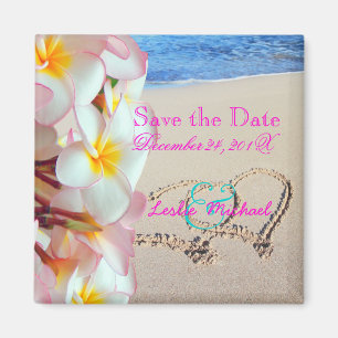 Aimant PixDezines Enregistrer la date, Plage+Plumeria ros