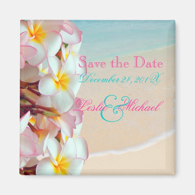 Aimant PixDezines Enregistrer la date, Plumeria rose Lei+ (Devant)