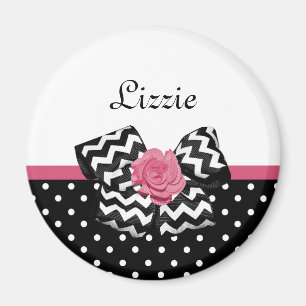 Aimant Points noirs mignons Rose rose Chevron Bow et nom