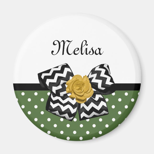 Aimant Points verts mignons Rose jaune Chevron Bow et nom (Devant)
