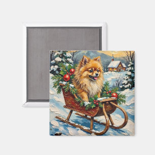 Aimant Pomeranian vintage dans un traîneau de Noël en boi