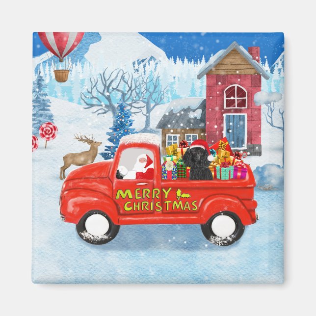 Aimant Poodé Chien Livraison de Noël Camion Neige (Devant)