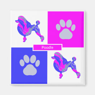 Aimant Poodle Silhouette Chien & Paw Rose et Carré bleu