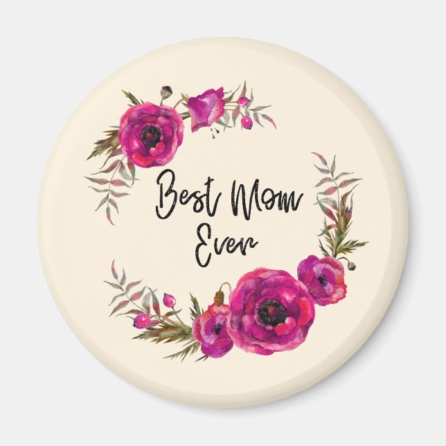 Aimant Poppies florales rose Fuchsia Wreath Meilleure mam (Devant)