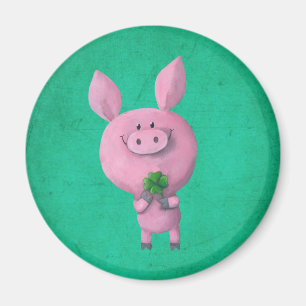Aimant Porc chanceux avec quatre feuilles de trèfle chanc