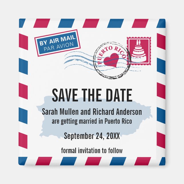 Aimant Porto Rico Air Mail Wedding Enregistrer la date (Devant)
