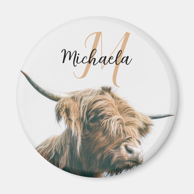 Aimant Portrait de vache Highland nom personnalisé monogr (Devant)