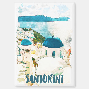 Aimant Poster de l'aquarelle de voyage de Santorini Grèce