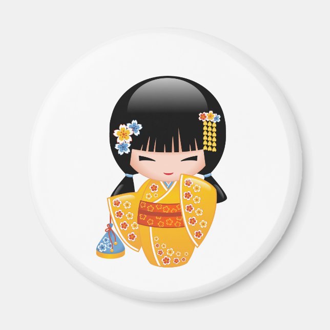Aimant Poupée d'été Kokeshi - Kimono Jaune Geisha Girl (Devant)
