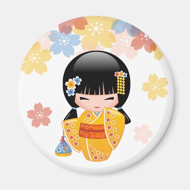 Aimant Poupée d'été Kokeshi - Kimono Jaune Geisha Girl (Devant)