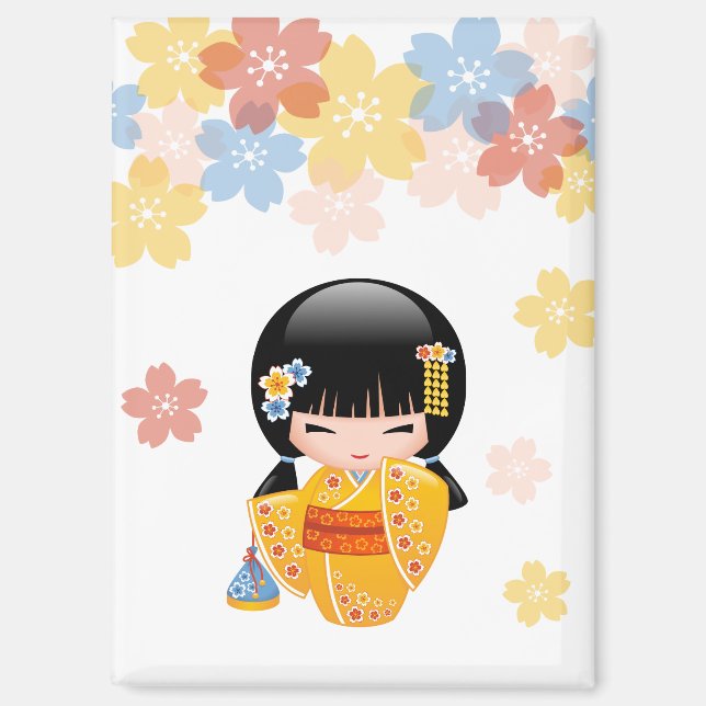 Aimant Poupée d'été Kokeshi - Kimono Jaune Geisha Girl (Recto)