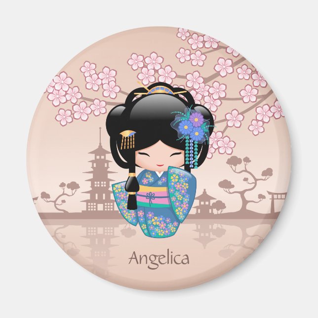 Aimant Poupée Keiko Kokeshi - Blue Kimono Geisha Girl (Devant)