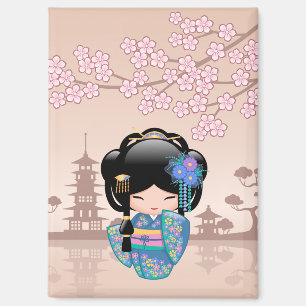 Aimant Poupée Keiko Kokeshi - Blue Kimono Geisha Girl