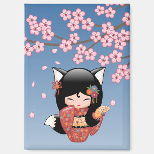 Aimant Poupée Kitsune Kokeshi - Black Fox Geisha Girl