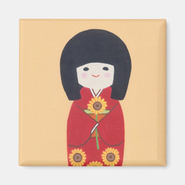 Aimant Poupée Kokeshi avec tournesol (Devant)