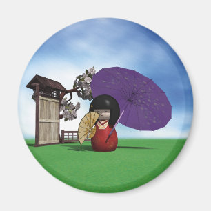 Aimant Poupée Kokeshi Japonaise Art Cerisier en Fleur
