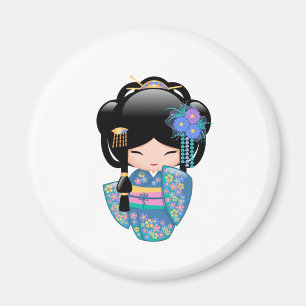 Aimant Poupée Kokeshi Keiko - Fille Geisha en Kimono Bleu